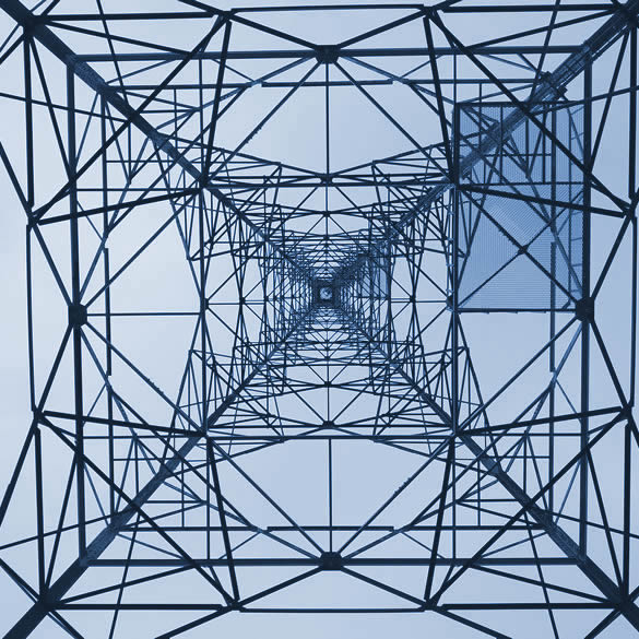 view of large radion frequency transmission tower seen from under base